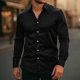 Men's Shirt Silk Like Satin Shirt Dress Shirt Casual Shirt Button Up Shirt Plain Streetwear Wedding Navy Blue Long Sleeve Lapel Spring Fall Clothing Apparel