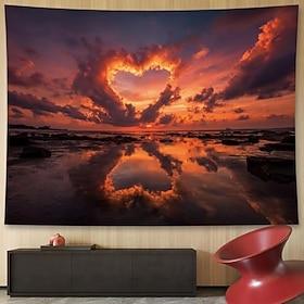 Beautiful Ocean Sea Pink Sunset Heart Shaped Cloud Landscape Hanging Tapestry Wall Art Large Tapestry Mural Decor Photograph Backdrop Blanket Curtain Home Bedr