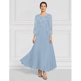 Two Piece A-Line Floor Length Wedding Guest Dress Mother of the Bride Dress 3/4 Length Sleeve Boat Neck Elegant Simple Minimalist Formal Wedding Guest Chiffon