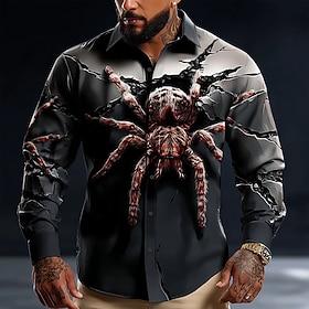 Men's Optical Illusion Spider Horror Shirt Button Up Shirt Long Sleeve Dark Gothic Style Outdoor Holiday Spring Fall Turndown 3D Print Collared Shirts Gray