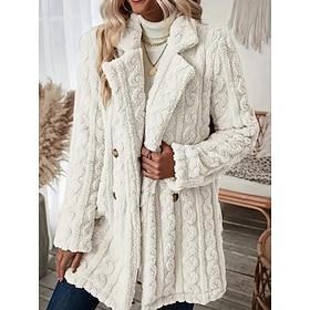 Women's Fleece Jacket Teddy Coat Warm Breathable Pocket Fleece Lined Casual Plain Vacation Street Casual Daily Wear Double Breasted Long Notch Lapel Regular Fi
