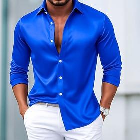 Men's Shirt Satin Shirt Dress Shirt Casual Shirt Button Up Shirt Prom Shirt Plain Formal Wedding Light Blue Black White Wine Long Sleeve Lapel All Seasons Clot