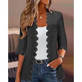 Women's Sweater Cardigan Streetwear Casual Solid Color V Neck Knitted 3/4 Length Sleeve Regular Tops Knit Holiday Going out Weekend Wine Red Black Spring Fall