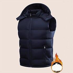 Men's Puffer Vest Vest Gilet Vacation Daily Date Fashion Casual Fall Winter Pocket Polyester Warm Comfortable Solid Color Zipper Hooded Regular Fit Black Blue