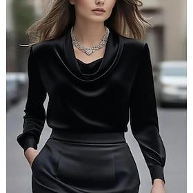 Women's Elegant Dressy Satin Top Blouse Plain Elegant Stylish Work Long Sleeve Cowl Neck Regular Tops Black White Apricot Fall