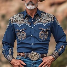 Men's Ethnic Intricate Floral Flowers Shirt Western Shirt Cowboy Shirt Long Sleeve Vintage Retro Outdoor Casual WorkWear Spring Fall Turndown Front Two Pockets