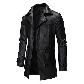 Men's Overcoat Trench Coat Long Trench Coat Vacation Daily Spring Fall PU Leather Windproof Outerwear Clothing Apparel Fashion Classic Plain Pocket Lapel Singl