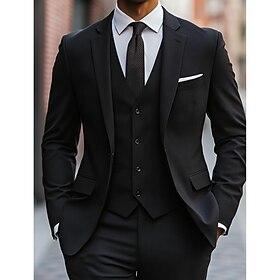 Men's Business Suits Casual Party Black Burgundy Spring, Fall, Winter, Summer Suit Notch Lapel Daily Formal Solid Colored Tailored Fit 3 Piece Single Breasted