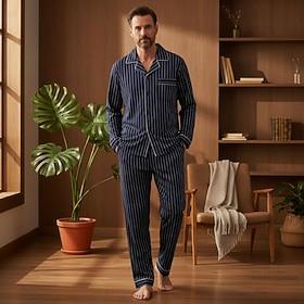 Men's Sleepwear Pajama Set Pajama Top and Pant 1 set Stripe Fashion Stylish Classic Home Daily Bed Polyester Comfort Soft Breathable Lapel Long Sleeve Shirt Pa