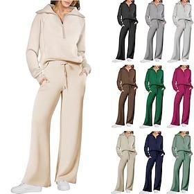 Women's Pullover Sweatsuit Sets 2 Piece Tracksuit Lounge Outfits with Pocket Solid Colored Clothing Suit Fall / Winter Light Coffee Black Spandex Gym Running