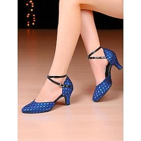 Women's Blue Patterned Ballroom Dance Heels - Vintage Gatsby Ankle Strap Shoes for Professional Dancing and Parties
