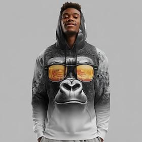 Men's Optical Illusion Gorilla Hoodie Sweatshirt Fashion Cool 3D Long Sleeve Crew Neck Home Streetwear Party Black White Drawstring Fall Winter Designer S M L