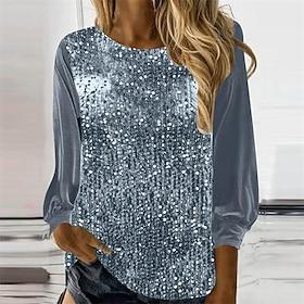 Women's T Shirt Tee Top Sequins Patchwork Solid Color Vintage Fashion Stylish Long Sleeve Crew Neck Round Neck Regular Tops Daily Weekend Gray Spring Fall