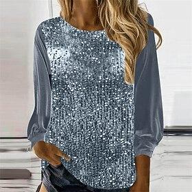 Women's T Shirt Tee Top Sequins Patchwork Solid Color Vintage Fashion Stylish Long Sleeve Crew Neck Round Neck Regular Tops Daily Weekend Gray Spring Fall