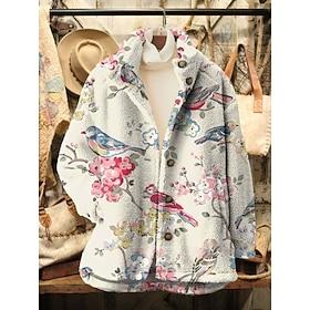 Women's Fleece Jacket Casual Jacket Comfortable Breathable Pocket Print Casual Floral Vacation Street Casual Daily Wear Zipper Regular Turndown Regular Fit Lon
