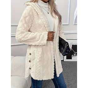 Women's Sherpa Jacket Casual Jacket Comfortable Breathable Pocket Buttons Casual Plain Vacation Street Casual Daily Wear Open Front Regular Hooded Regular Fit