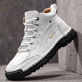 Men's White Handmade Casual Boots with Lace-Up Design, Non-Slip Sole and Lightweight Comfort, Stylish Streetwear Boots for Daily Wear and Travel