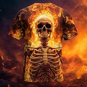 Men's Optical Illusion 3D Flame Skeleton T Shirt Short Sleeve T shirt 3D Print Crew Neck Shirt Exaggerated Designer Horror Party Street Holiday Orange 3 Orange