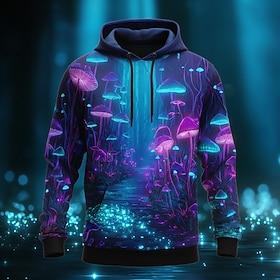 Men's Optical Illusion Mushroom Hoodie Sweatshirt Fashion Hippie 3D Long Sleeve Crew Neck Home Streetwear Party Blue Purple Drawstring Fall Winter Designer S M