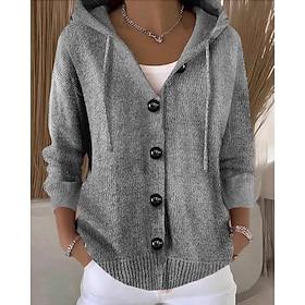 Women's Sweater Cardigan Fashion Streetwear Casual Pure Color Ribbed Hooded Pocket Buttons Knitted Long Sleeve Regular Tops Knit Outdoor Daily Weekend Black Wh