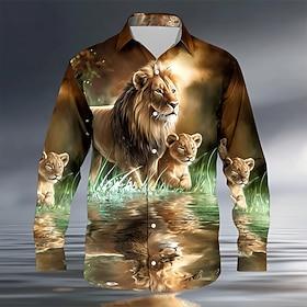 Men's Animal Lion Nature Shirt Button Up Shirt Long Sleeve Vintage Retro Casual Outdoor Holiday Spring Fall Turndown 3D Print Collared Shirts Dark Khaki Brown