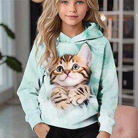 Girls' 3D Cat Hoodie Long Sleeve Fall Winter Fashion Adorable Basic Kids 4-12 Years Hooded Outdoor Casual Daily Regular Fit