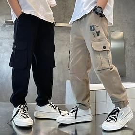 Kids Boys Pants Trousers Pocket Solid Color Letter Comfort Pants School Fashion Cool Black Khaki Mid Waist