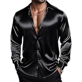 Men's Shirt Satin Shirt Dress Shirt Casual Shirt Button Up Shirt Plain Formal Wedding Light Blue Black White Wine Long Sleeve Lapel Spring Fall All Seasons C