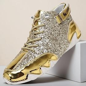 Men's Gold and White High-Top Sneakers with Shiny Detailing – Stylish and Bold, Perfect for Parties, Fashionable Nights, and Trendy Outfits