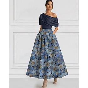 A-Line Ankle Length Cocktail Dresses Prom Dresses Party Dresses Elegant Vintage Color Block Short Sleeve One Shoulder Wedding Formal Pocket Nylon with Pocket