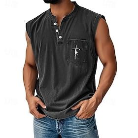 Men's Vest Top Undershirt Sleeveless Shirt Sleeveless Henley All Seasons Faith Fashion Designer Pocket Garment Dyed Vacation Street Going out Black Pink Dark N