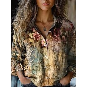 Women's Shirt Floral Graphic Paisley Elegant Stylish Retro Vintage Long Sleeve Shirt Collar Regular Tops Daily Holiday Pocket Buttons Print Blue Sky Blue Khaki