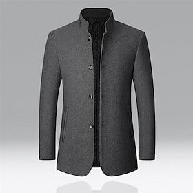 Men's Peacoat Trench Coat Vacation Daily Fall Winter Polyester Windproof Outerwear Clothing Apparel Fashion Classic Plain Pocket Stand Collar Single Breasted