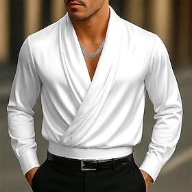 Men's Shirt Silk Like Satin Shirt Dress Shirt Casual Shirt Prom Shirt Plain Formal Wedding Black White Long Sleeve Shawl Collar All Seasons Clothing Apparel