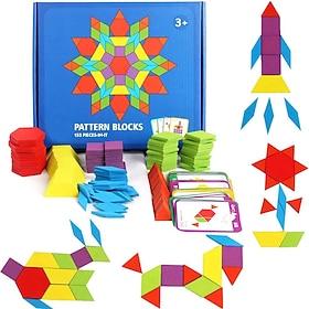 155 Pcs Wooden Pattern Blocks - Geometric Shape Puzzle  Design Set with Cards - Montessori Educational Toy for Kids 3 Christmas Gift