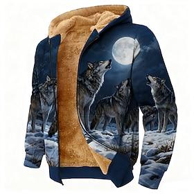 Men's Moon Wolf Fleece Hoodie Jacket Sweatshirt Classic Military Hunting Long Sleeve Crew Neck Outdoor Camping Blue Zip Up Fall Winter Designer S M L XL 2XL 3X
