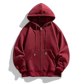 Men's Hoodie Full Zip Hoodie Apricot Black White Wine Navy Blue Hooded Plain Drawstring Zip Up Pocket Daily Sports Outdoor Holiday Polyester Streetwear Basic