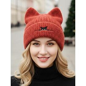 Women's Fuzzy Knit Cat Ear Beanie Hat, Cute Winter Warm Cap with Black Cat Embroidery, Stylish Christmas Gift for Girls  Women