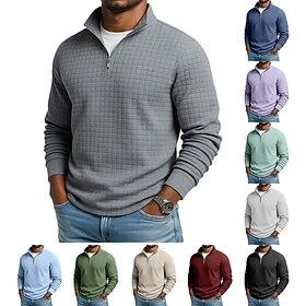 Men's Waffle Tee T Shirt Quarter Zip Tee Long Sleeve Stand Collar Fall Winter Spring   Fall Solid Color Knitwear Daily Casual Zip Up Outdoor Causal Casual Navy
