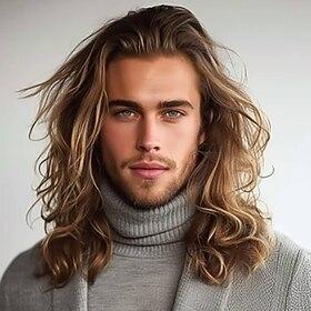 Long Wavy Brown Wigs for Men Synthetic Heat Resistant Cosplay Halloween Costume WigLight Brown