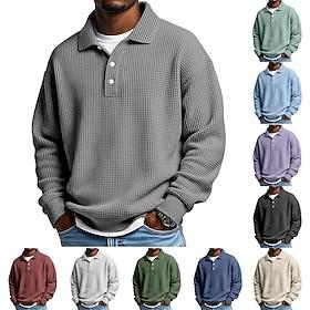 Men's Waffle Polo Shirts Textured Casual Daily Lapel Long Sleeve Streetwear Cool Plain Classic Style Textured Fall Spring Fall Regular Fit Apricot Black Ligh