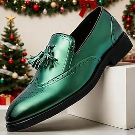 Green Genuine Faux Leather Men's Loafers with Tassel Detail – Elegant and Stylish Footwear for Formal and Holiday Occasions