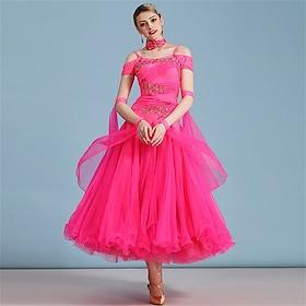 Women's Ballroom Dance Dress Hot Pink Rhinestone Floral Appliqué Layered Organza Elegant Waltz Tango Foxtrot Competition Performance Gown