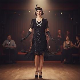 Set Roaring 20s 1920s Knee Length Flapper Dress Cocktail Dress Fancy Costume with Accessories Short Sleeves The Great Gatsby Flapper Girl Sequins Tassel Fringe