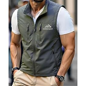 Men's Vest Gilet Fishing Vest Outdoor Daily Fashion Casual Spring Fall Pocket Print Polyester Comfortable Mountain Zipper Stand Collar Regular Fit Black Red Kh
