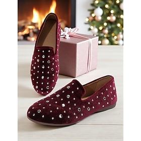 Women's Burgundy Velvet Slip-On Flats with Studded Detail, Stylish and Comfortable, Perfect for Casual Wear, Holiday Gatherings and Christmas Outings