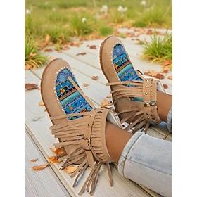 Women's Fringe Moccasin Boots with Colorful Ethnic Print, Casual Ankle Booties for Autumn Outfits, Festivals  Everyday Wear