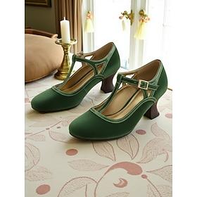 Women's Green T-Strap Mary Jane Heels, 1930s Edwardian Vintage Style Round Toe Mid-Heel Shoes for Retro Outfits, Formal Events and  Gatsby Parties