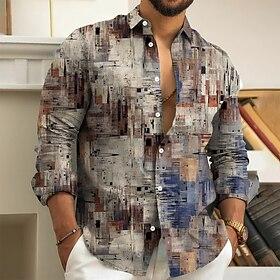 Men's Geometric Color Block Patchwork Shirt Button Up Shirt Long Sleeve Vintage Retro Holiday Casual Daily Spring Fall Turndown 3D Print Collared Shirts Blue G