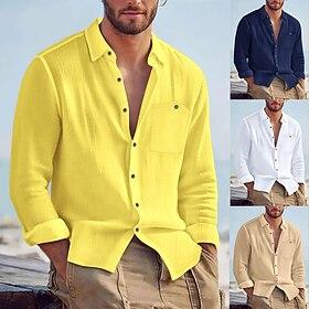 Men's Shirt Linen Shirt Summer Shirt Beach Wear Button Up Shirt Plain Vacation Street Black White Yellow Navy Blue Long Sleeve Turndown Summer Spring Clothing
